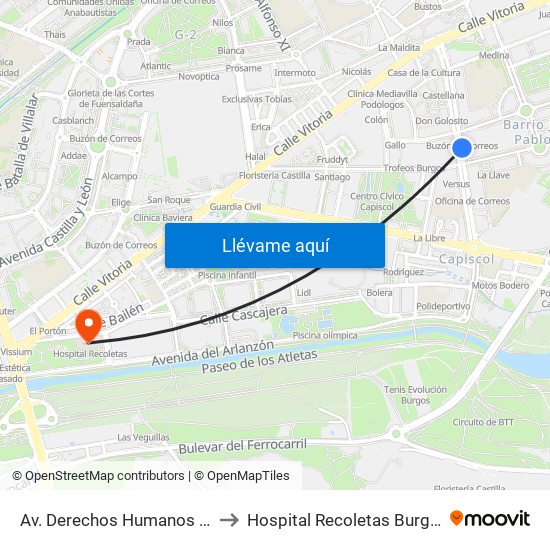 Av. Derechos Humanos 35 to Hospital Recoletas Burgos map