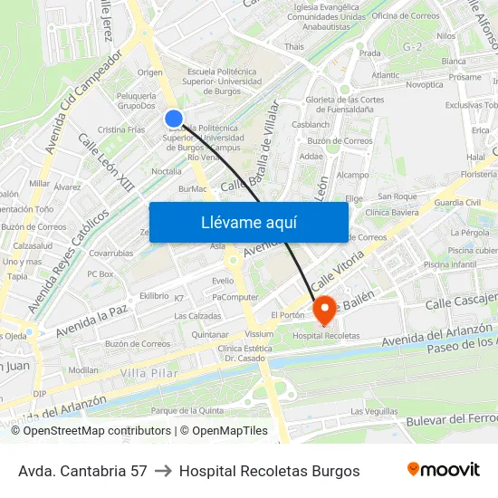 Avda. Cantabria 57 to Hospital Recoletas Burgos map