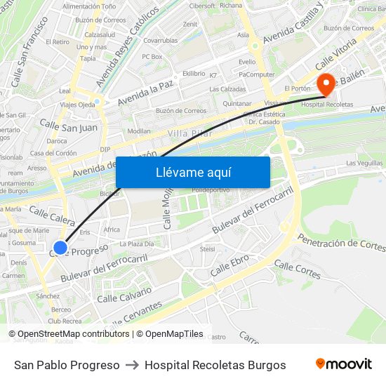 San Pablo Progreso to Hospital Recoletas Burgos map