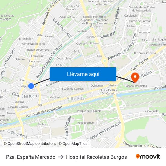 Pza. España Mercado to Hospital Recoletas Burgos map