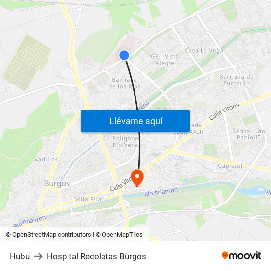 Hubu to Hospital Recoletas Burgos map