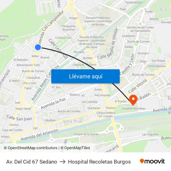 Av. Del Cid 67 Sedano to Hospital Recoletas Burgos map