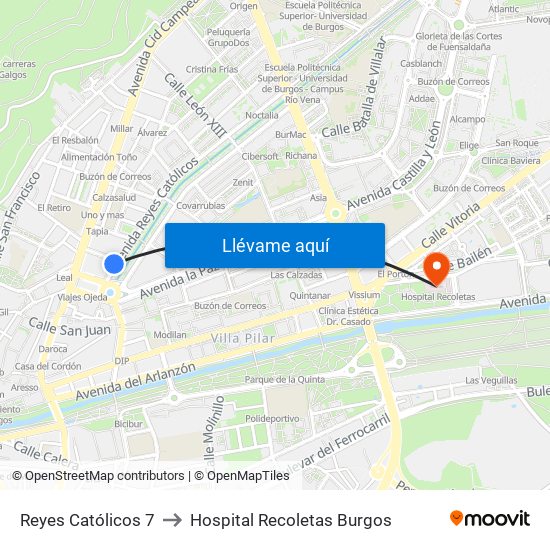 Reyes Católicos 7 to Hospital Recoletas Burgos map