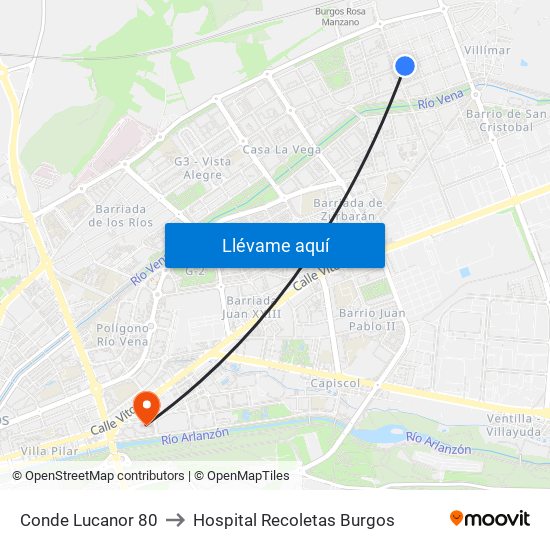 Conde Lucanor 80 to Hospital Recoletas Burgos map