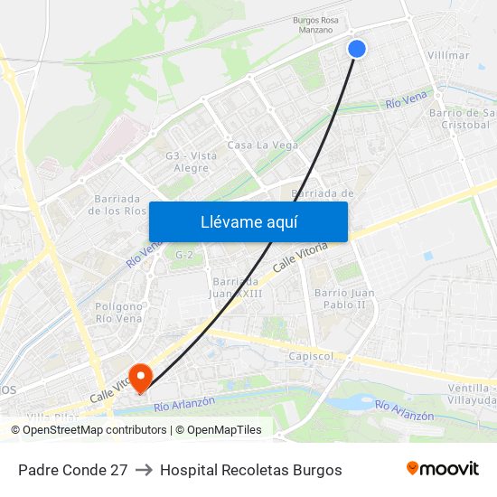 Padre Conde 27 to Hospital Recoletas Burgos map