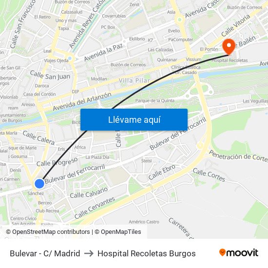 Bulevar - C/ Madrid to Hospital Recoletas Burgos map