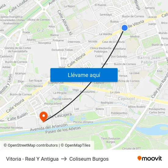 Vitoria - Real Y Antigua to Coliseum Burgos map