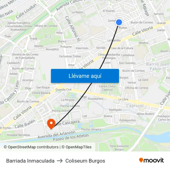 Barriada Inmaculada to Coliseum Burgos map
