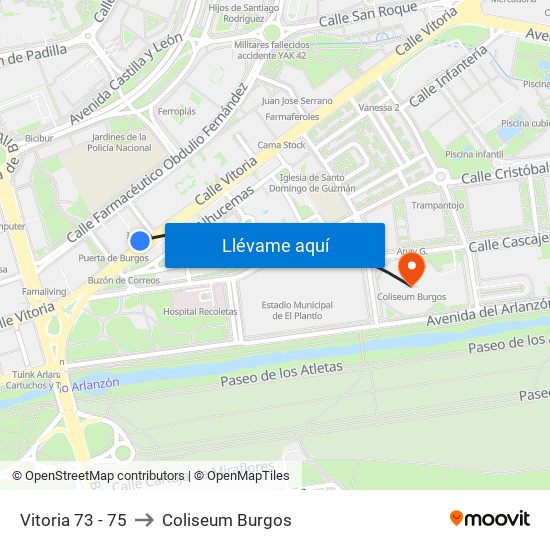 Vitoria 73 - 75 to Coliseum Burgos map