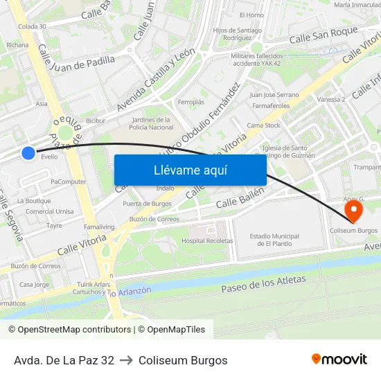 Avda. De La Paz 32 to Coliseum Burgos map