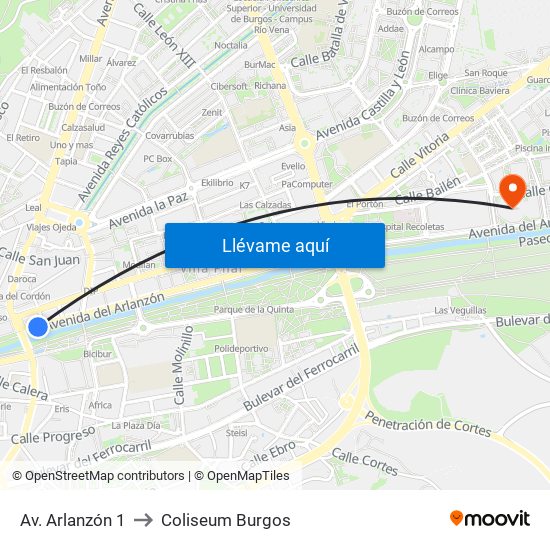 Av. Arlanzón 1 to Coliseum Burgos map