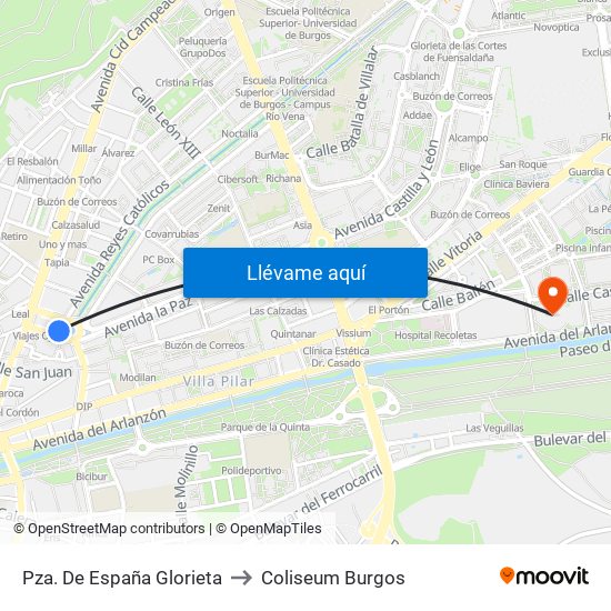 Pza. De España Glorieta to Coliseum Burgos map