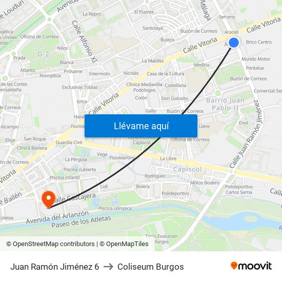 Juan Ramón Jiménez 6 to Coliseum Burgos map