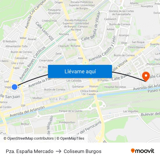 Pza. España Mercado to Coliseum Burgos map