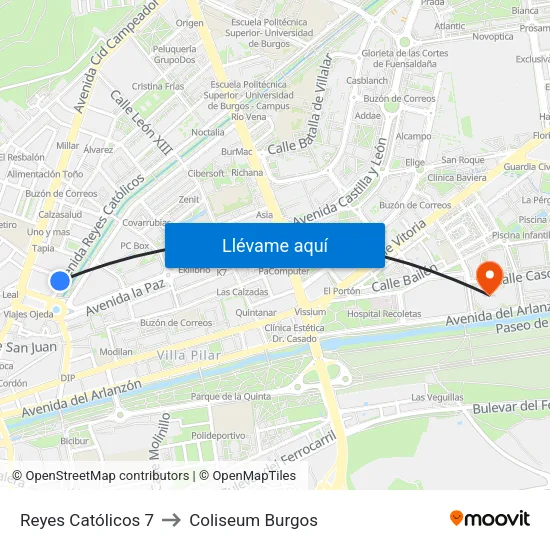 Reyes Católicos 7 to Coliseum Burgos map