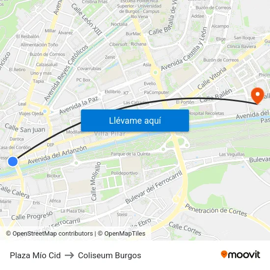Plaza Mío Cid to Coliseum Burgos map