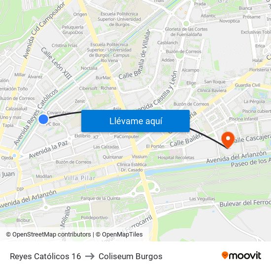 Reyes Católicos 16 to Coliseum Burgos map
