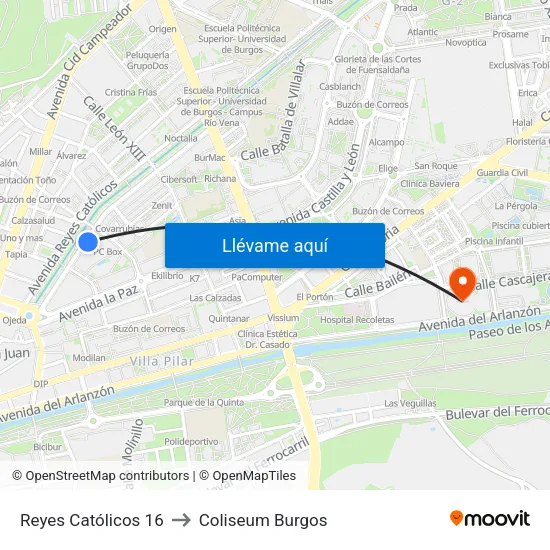 Reyes Católicos 16 to Coliseum Burgos map