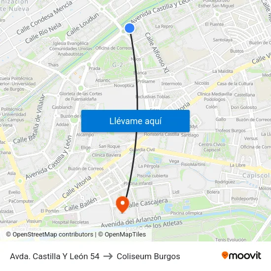 Avda. Castilla Y León 54 to Coliseum Burgos map