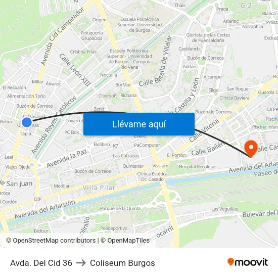 Avda. Del Cid 36 to Coliseum Burgos map