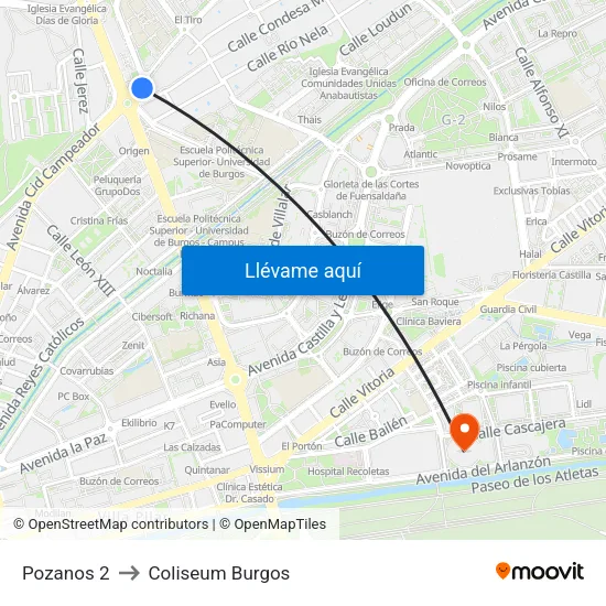 Pozanos 2 to Coliseum Burgos map