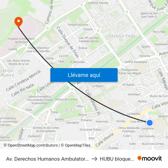 Av. Derechos Humanos Ambulatorio to HUBU bloque D map