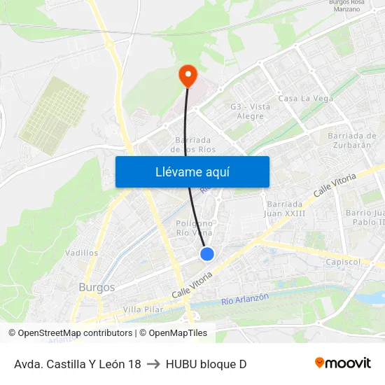 Avda. Castilla Y León 18 to HUBU bloque D map