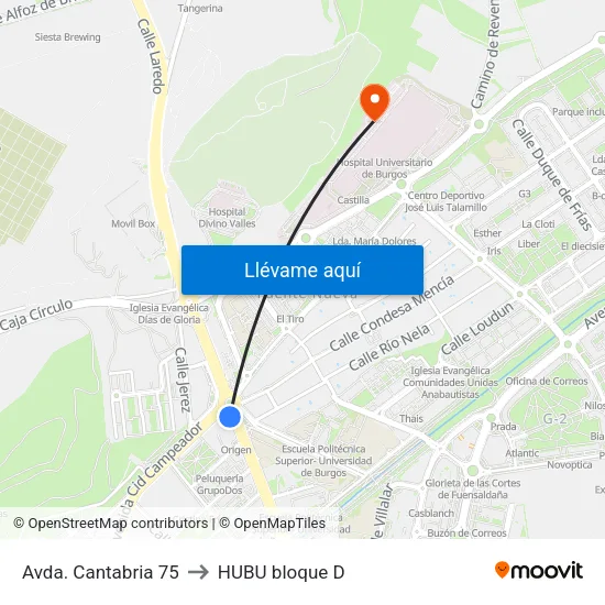 Avda. Cantabria 75 to HUBU bloque D map