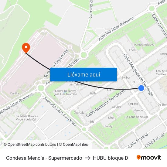 Condesa Mencía - Supermercado to HUBU bloque D map