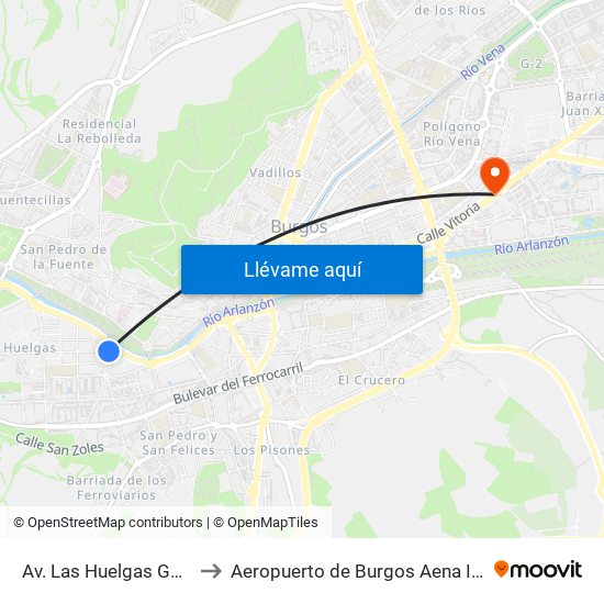 Av. Las Huelgas Gasolinera to Aeropuerto de Burgos Aena Informacion map