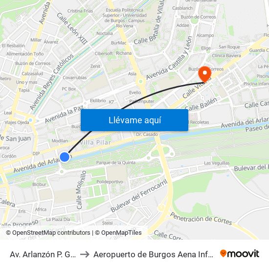 Av. Arlanzón P. Gasset to Aeropuerto de Burgos Aena Informacion map