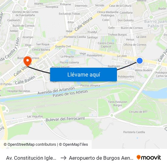 Av. Constitución Iglesia Capiscol to Aeropuerto de Burgos Aena Informacion map