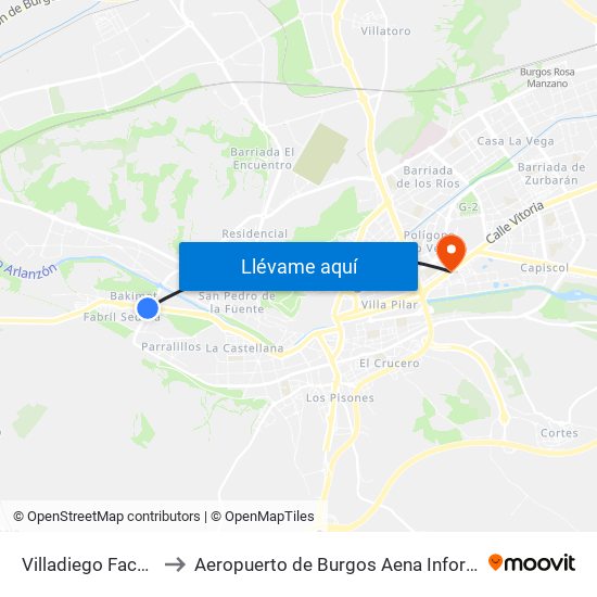 Villadiego Facultad to Aeropuerto de Burgos Aena Informacion map