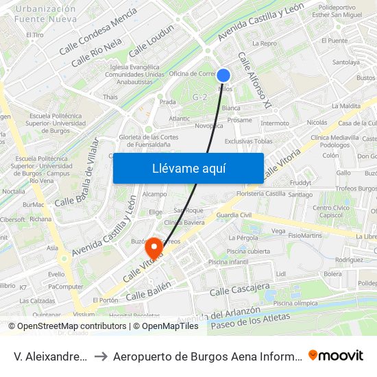 V. Aleixandre G2 to Aeropuerto de Burgos Aena Informacion map
