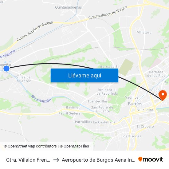 Ctra. Villalón Frente I.T.V. to Aeropuerto de Burgos Aena Informacion map