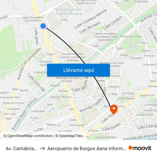 Av. Cantabria 58 to Aeropuerto de Burgos Aena Informacion map