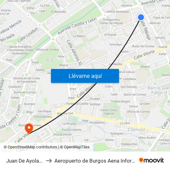 Juan De Ayolas 14 to Aeropuerto de Burgos Aena Informacion map