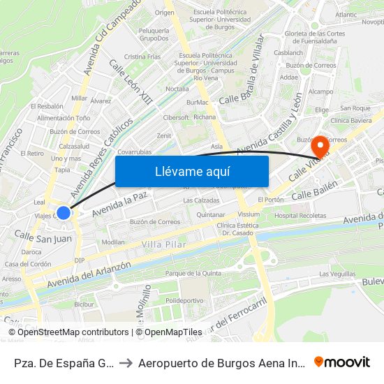 Pza. De España Glorieta to Aeropuerto de Burgos Aena Informacion map