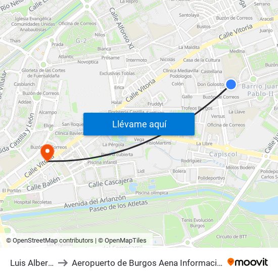 Luis Alberdi to Aeropuerto de Burgos Aena Informacion map