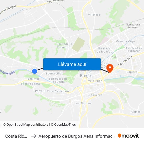 Costa Rica 9 to Aeropuerto de Burgos Aena Informacion map