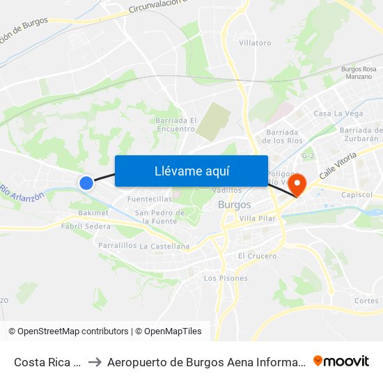 Costa Rica 29 to Aeropuerto de Burgos Aena Informacion map