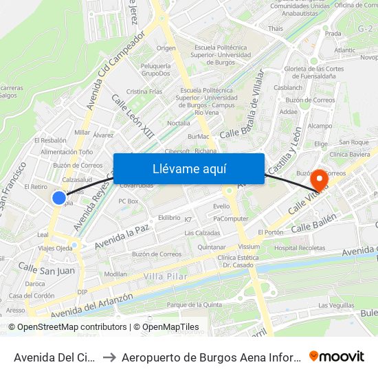 Avenida Del Cid 23 to Aeropuerto de Burgos Aena Informacion map
