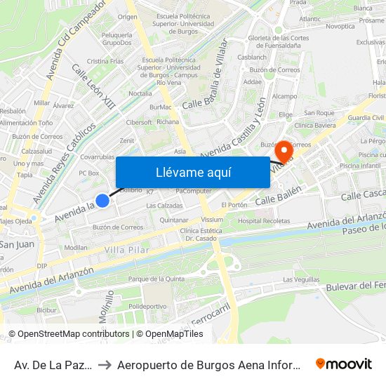 Av. De La Paz 16 to Aeropuerto de Burgos Aena Informacion map