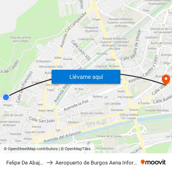 Felipe De Abajo 33 to Aeropuerto de Burgos Aena Informacion map