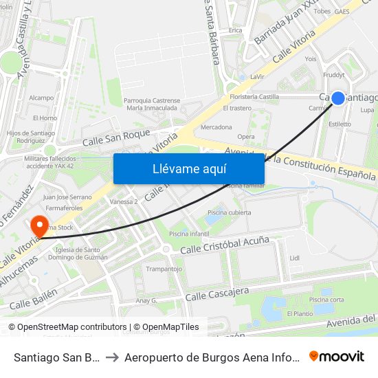 Santiago San Bruno to Aeropuerto de Burgos Aena Informacion map