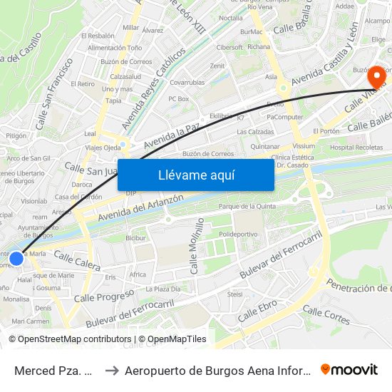 Merced Pza. Vega to Aeropuerto de Burgos Aena Informacion map