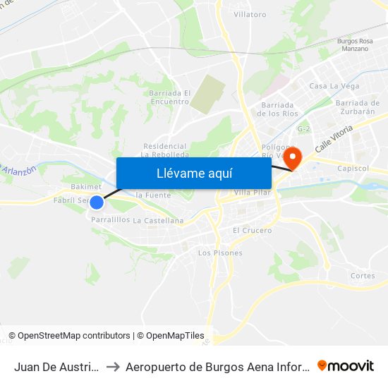 Juan De Austria 18 to Aeropuerto de Burgos Aena Informacion map