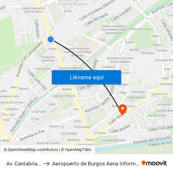 Av. Cantabria 75 to Aeropuerto de Burgos Aena Informacion map