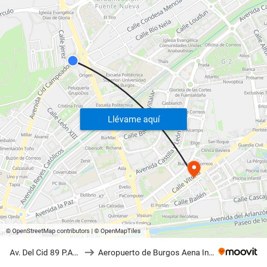 Av. Del Cid 89 P.Avenidas to Aeropuerto de Burgos Aena Informacion map