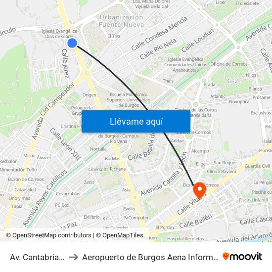 Av. Cantabria 91 to Aeropuerto de Burgos Aena Informacion map